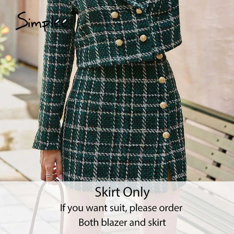 Simplee Office plaid lapel women blazer autumn Elegant high waist split female mini skirt suits  Fashion long sleeve suit set