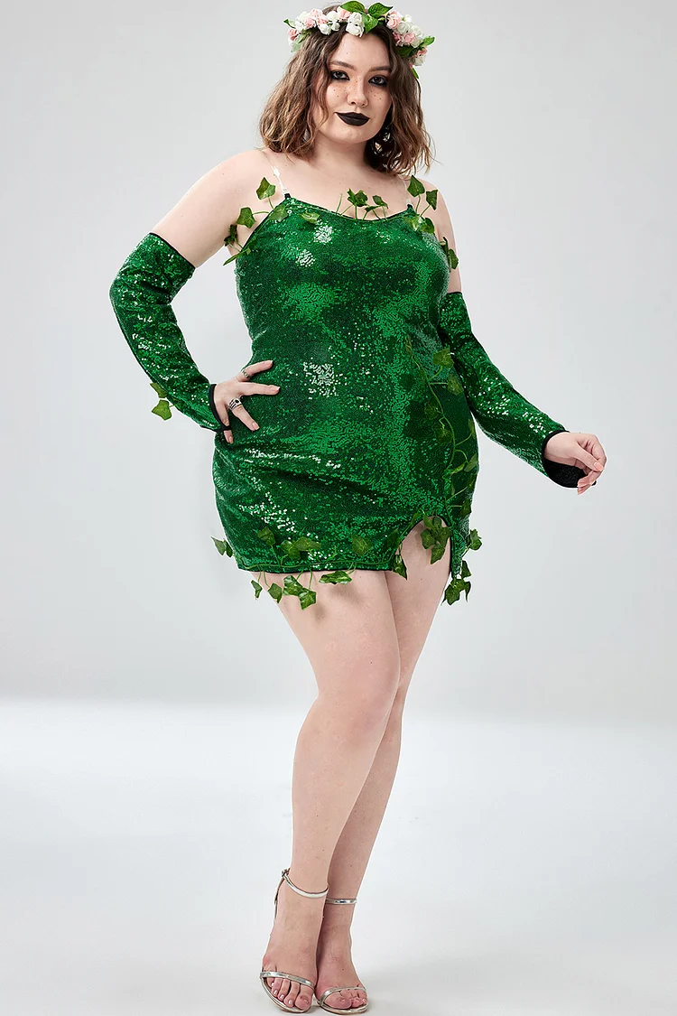 Xpluswear Design Plus Size Halloween Costumes Green Cosplay Sequin Strapless Mini Dress（Ships 24h）