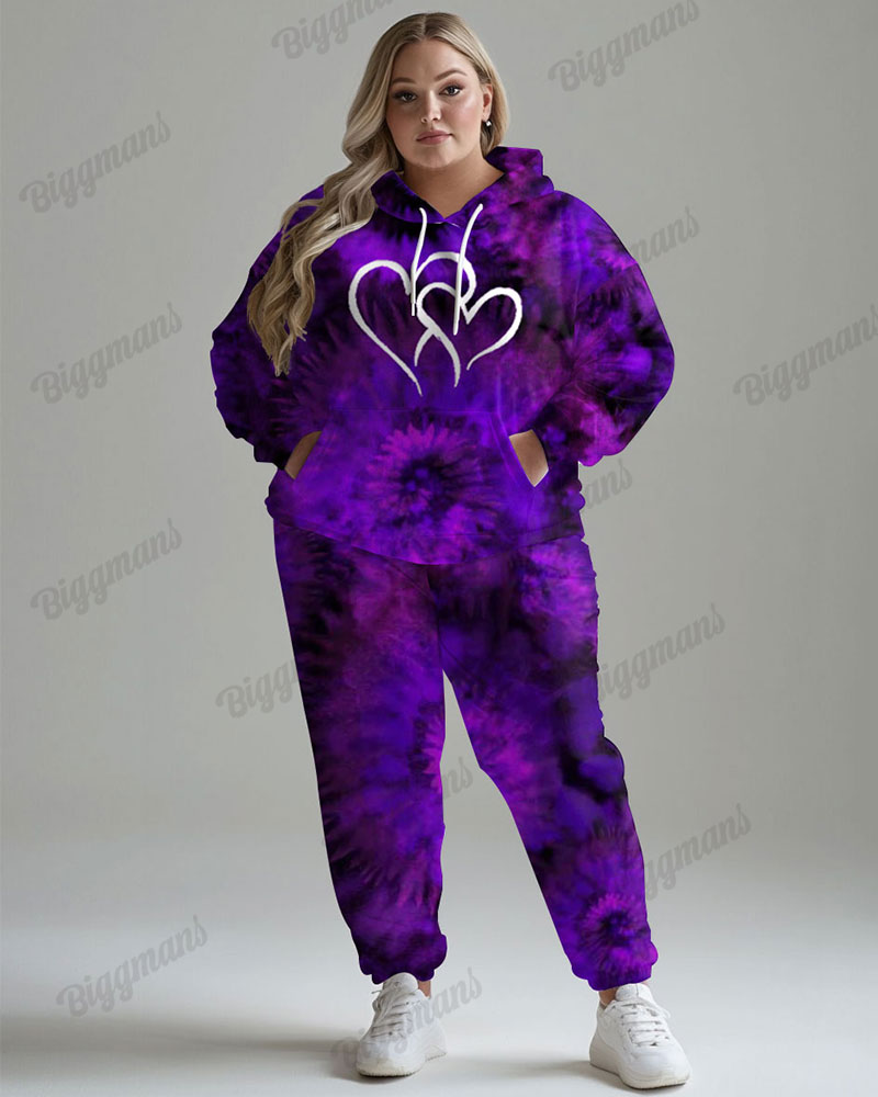 Women's Plus Size Tracksuit Tie Dye Heart Print Hoodie Sweatpants Set