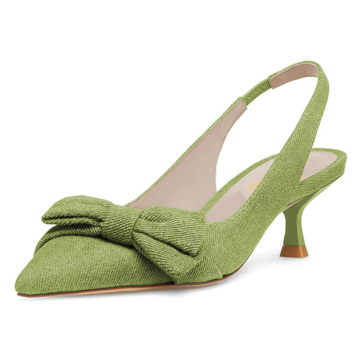 Green Fabric Kitten Heel Bow Slingback Pumps with Pointed Toe Nicepairs