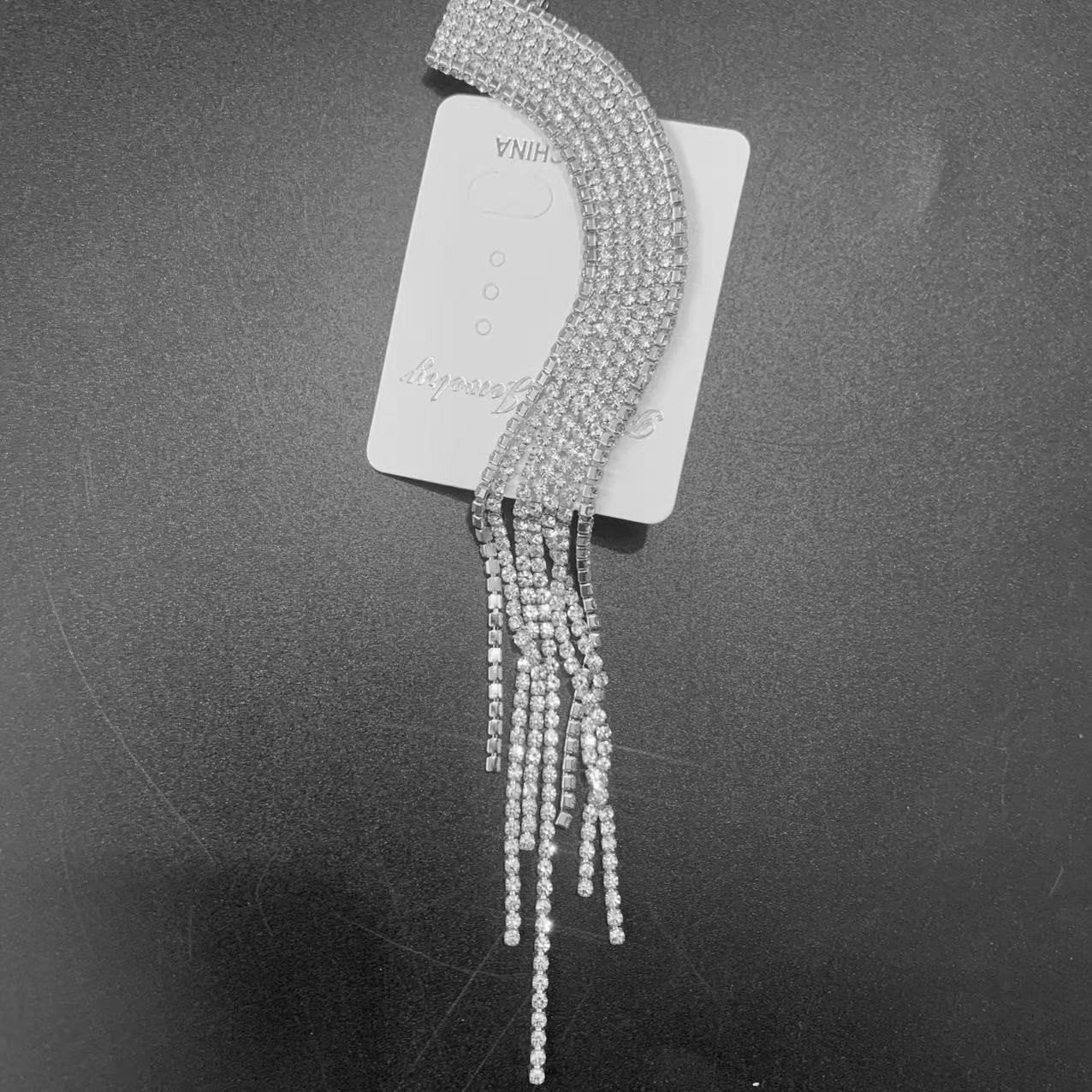 Rhinestone Tassel Back Crystal Long Drop Clip Earrings | Oxredo Shop Ramadan Sale