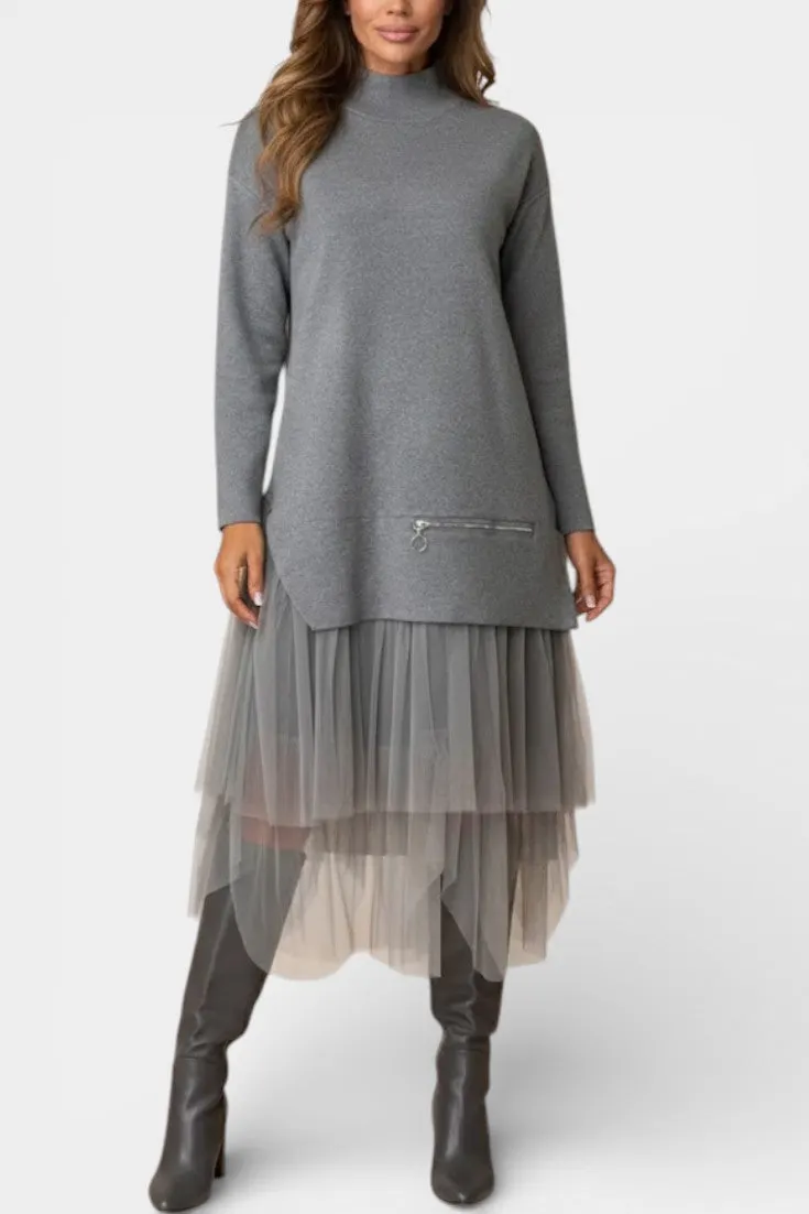 Mock-Neck Knit Dress with Tiered Tulle Skirt
