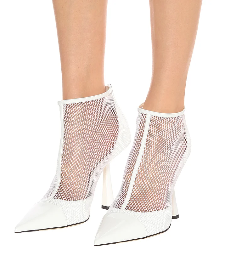 White Nets Patent Leather Fashion Boots Chunky Heel Ankle Boots |FSJ Shoes