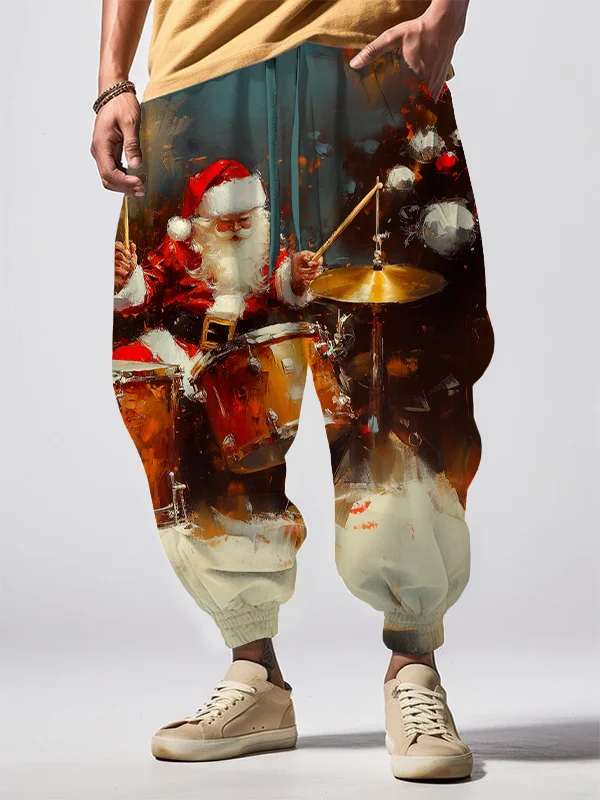 Men's Santa Claus Plays Drums Oil Painting Print Loose Drawstring Waist Sweatpants