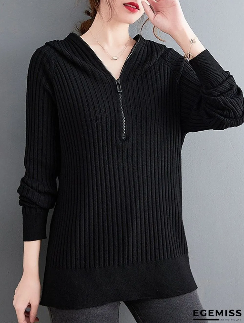 Casual Hooded Solid Color Zipper Knitted Sweater | EGEMISS