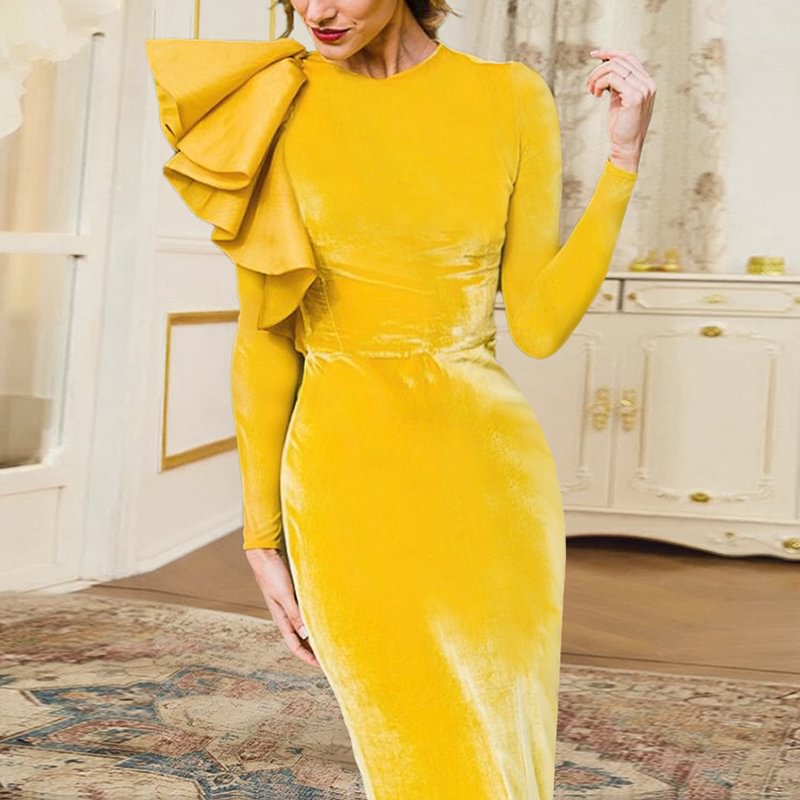 Elegant Ruffles Round Neck Long Sleeve Velvet Oversize Maxi Dresses For Women MusePointer