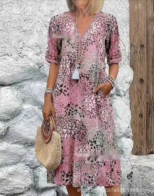 Mature Women Summer V-neck Casual Holiday Pocket Dress Homewear