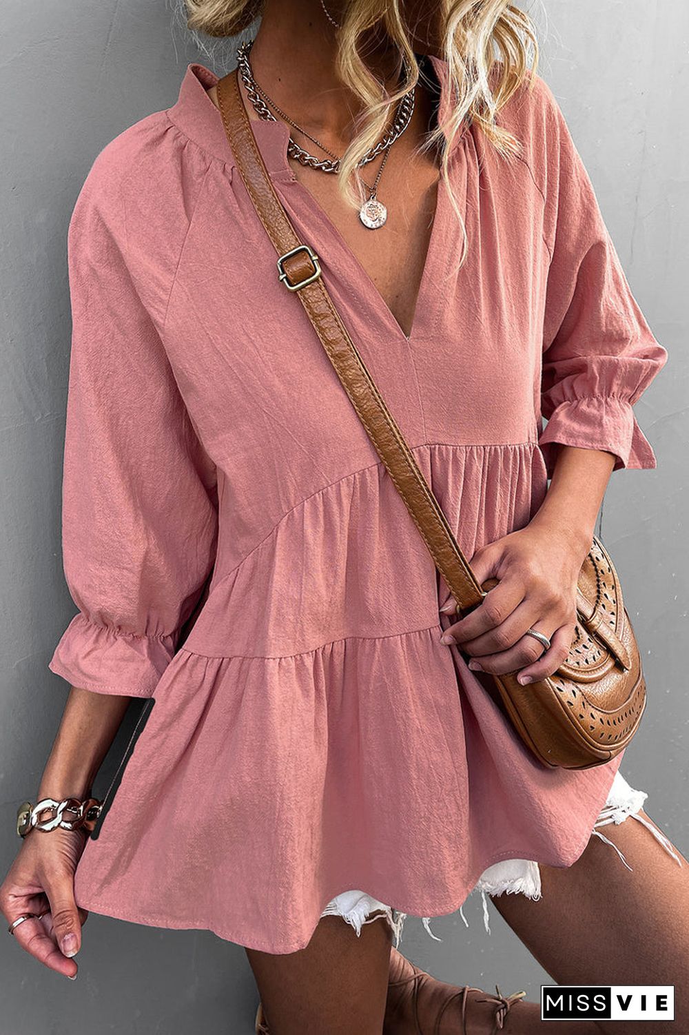 Casual Solid Flounce Fold V Neck Tops(5 Colors)