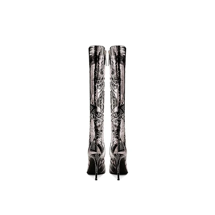 Grey Stiletto Boots Pointed Toe Knee High Boots |FSJ Shoes