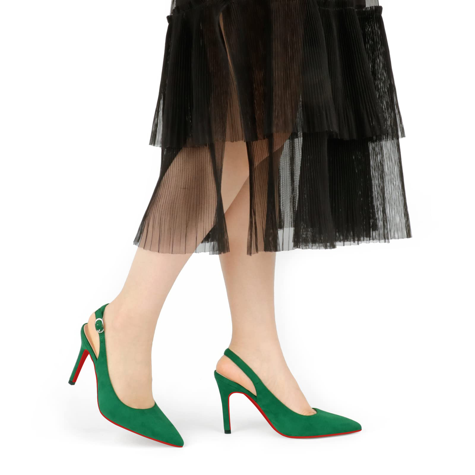90mm Mid Heels for Women Slingback Pumps Sandals Pointed Toe Pumps Red Bottoms Suede Shoes-MERUMOTE