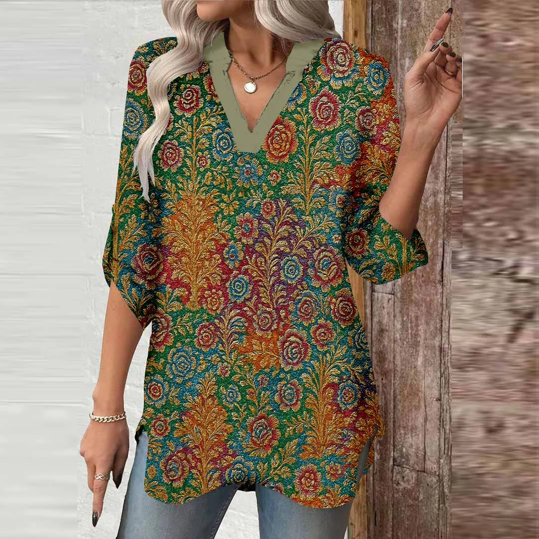 Women Textured,  Blue,  Orange DZGA0413 3/4 Sleeve V-neck Printed Graphic Button Tops