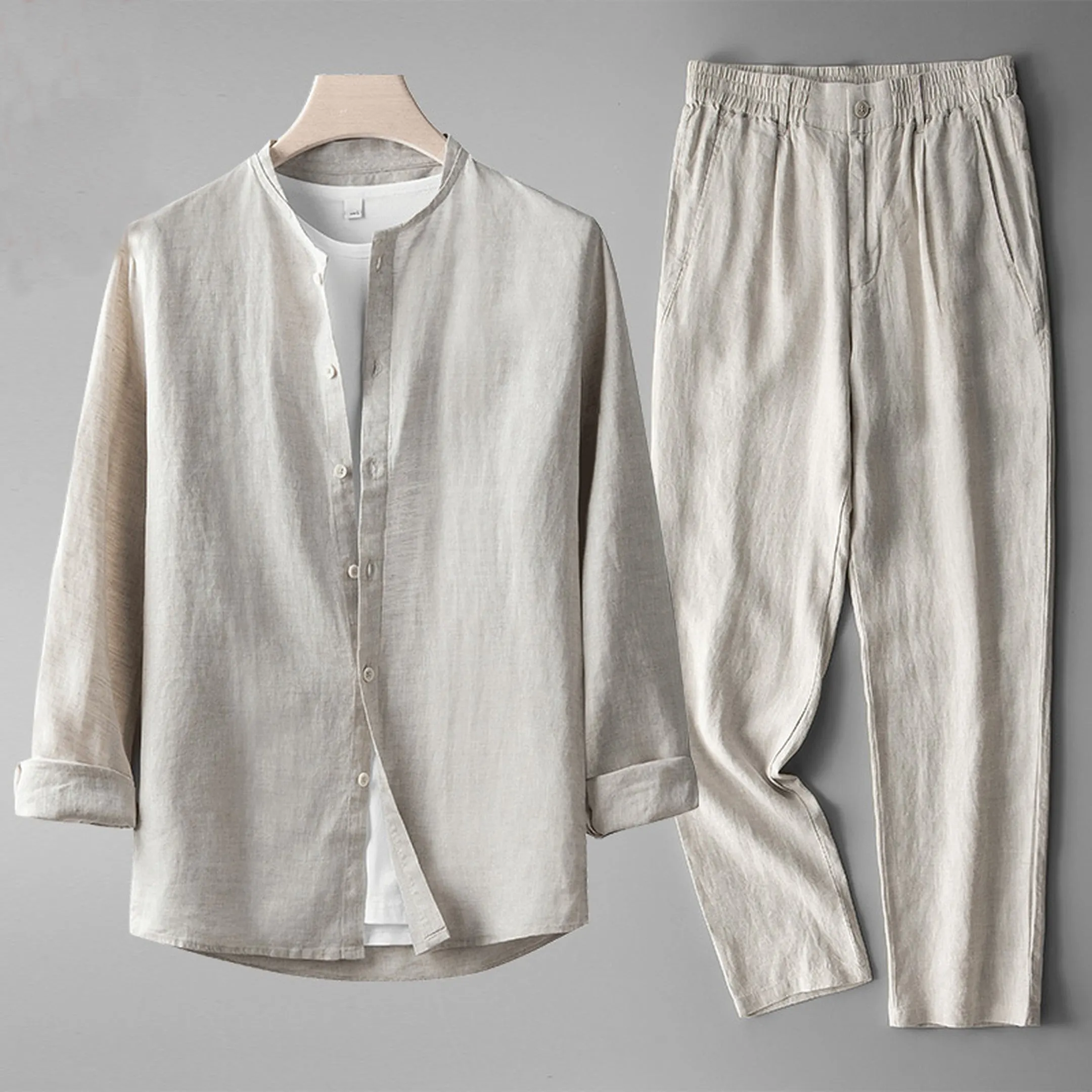 Gianni Men's Linen Co-ord Set &ndash; Band Collar Shirt & Trousers