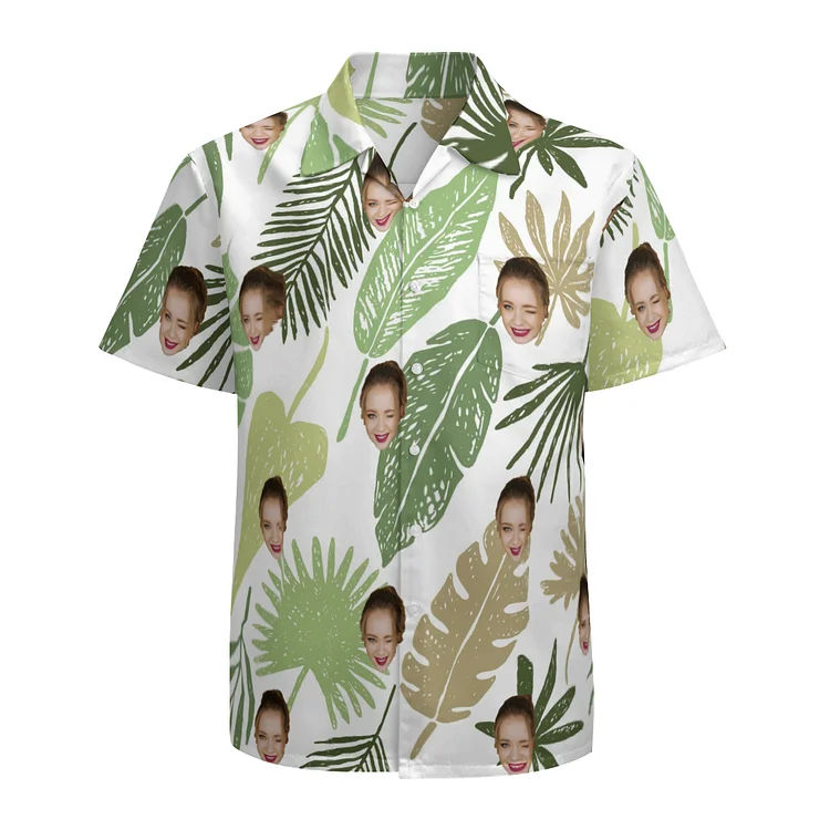 Men's Personalized Face Hawaiian Shirt Leaf Pattern Plus Size Hawaiian Shirt For Boyfriend Husband