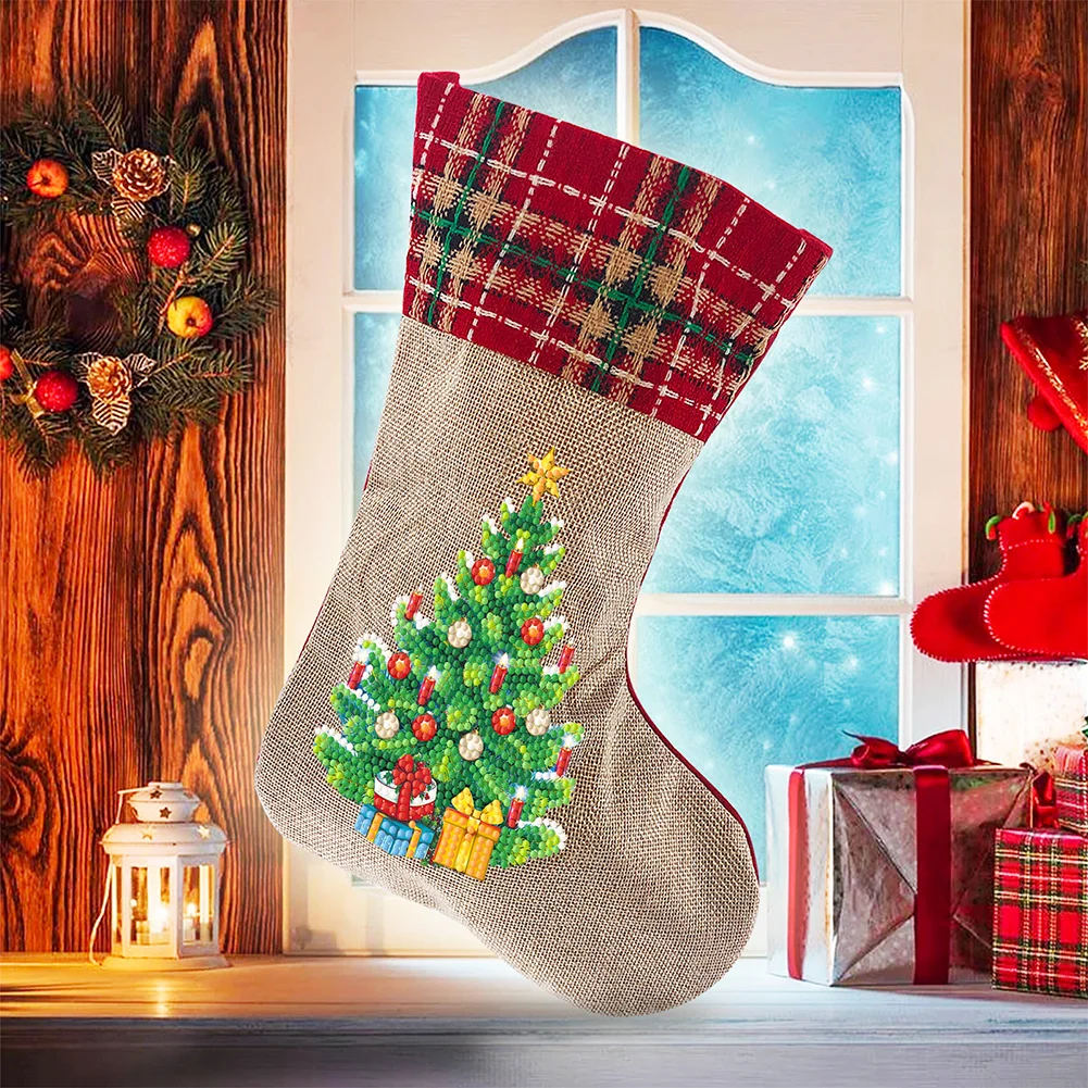 DIY Tree Christmas Socks Decor DIY Diamond Art Kits for Family Party Decoration(20*35cm)