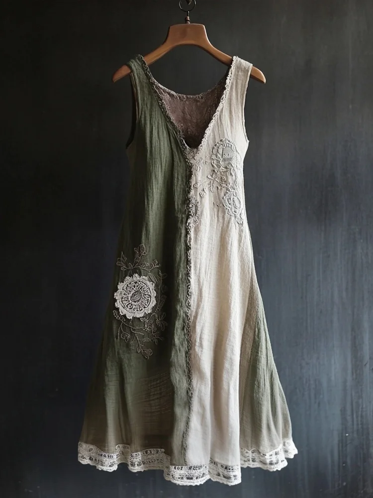 Vintage Lace Patchwork V Neck Linen Tank Dress