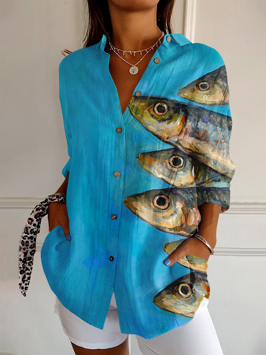 Fish Art Print Casual Long Sleeve Shirt