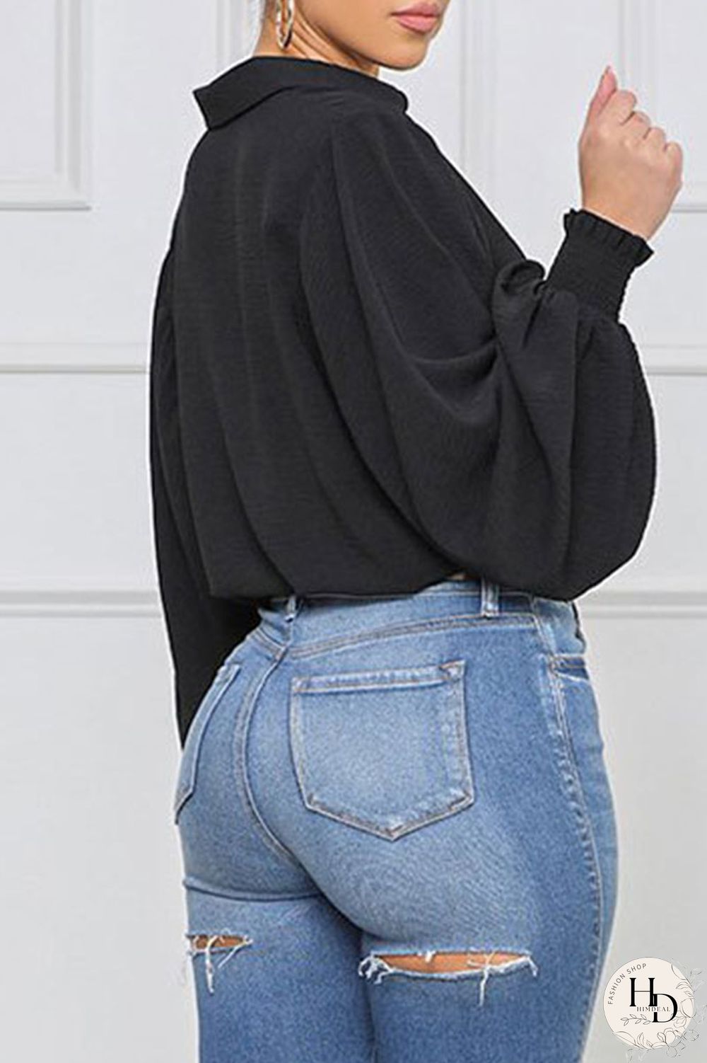 Black Casual Solid Split Joint Buckle Turndown Collar Tops