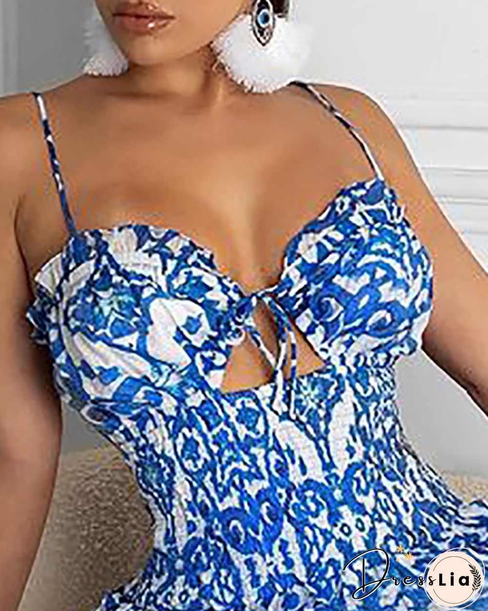 Colorblock Tie Front Cutout Shirred Dress