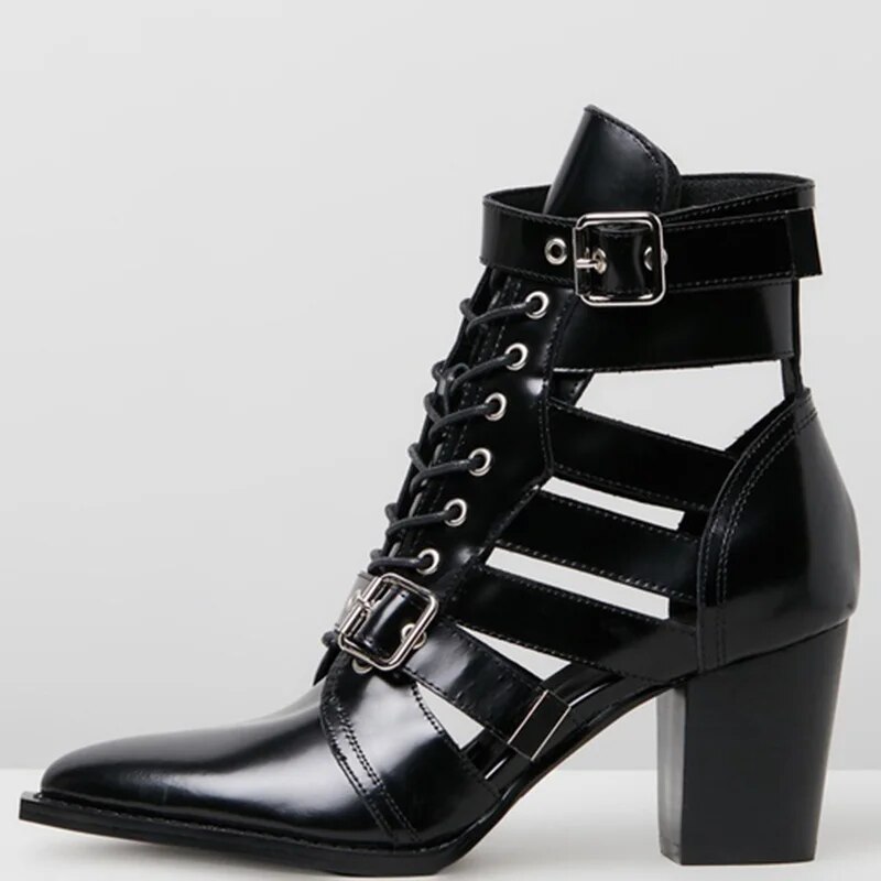 TAAFO Female Booties Shoes Buckle Strap Ankle Boots Woman Pointed Toe High Square Heels 