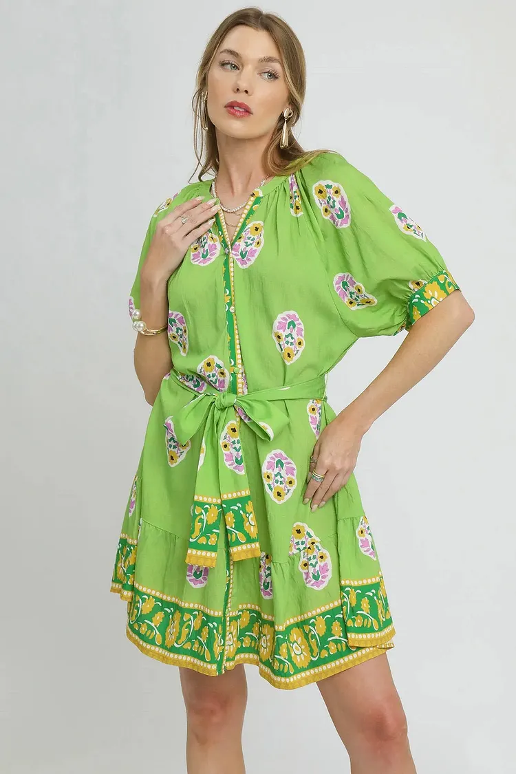 Umgee Floral Print Tie Waist Short Sleeve Dress