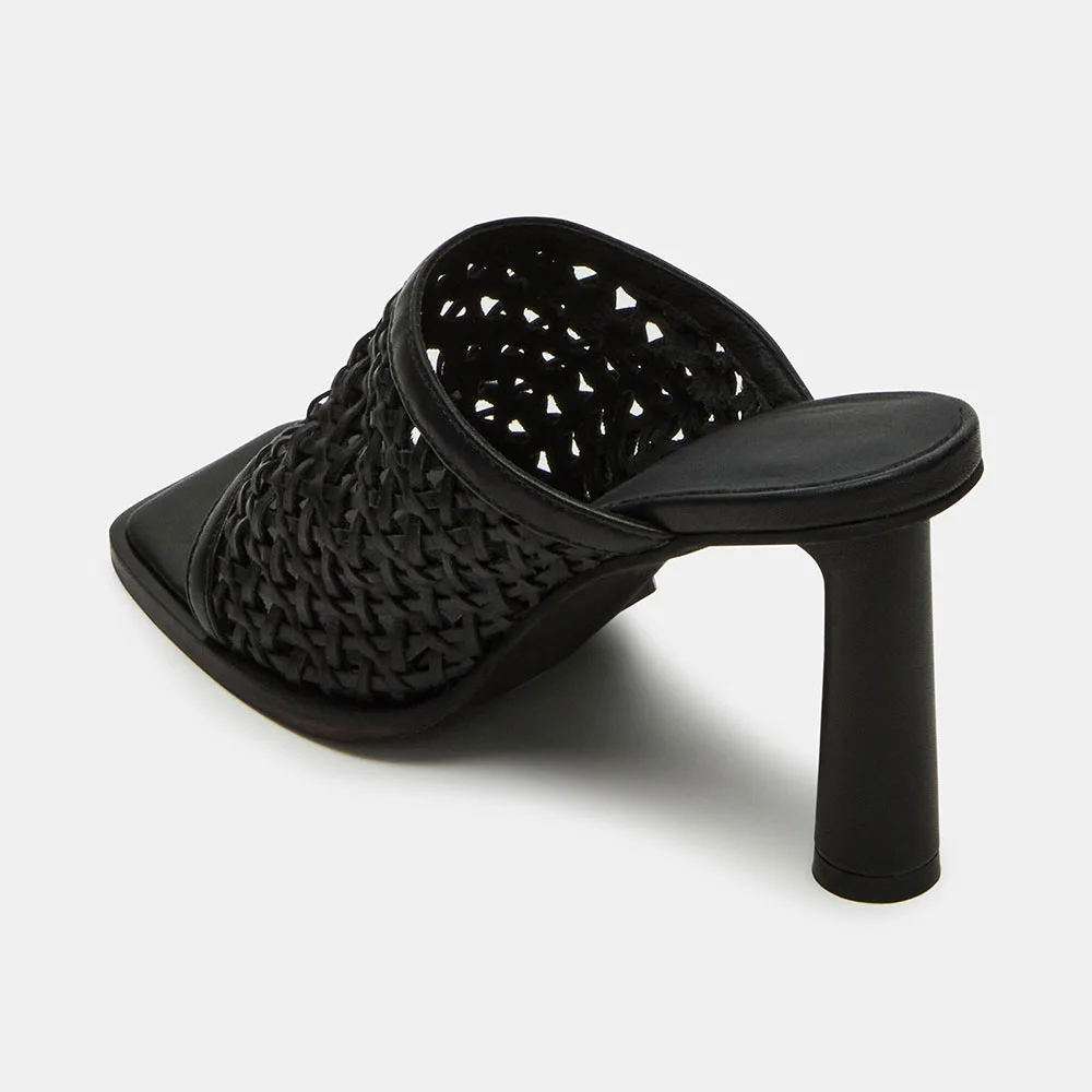 Chic Black Open Square Toe Woven Cylinder Heel Mules Sandals