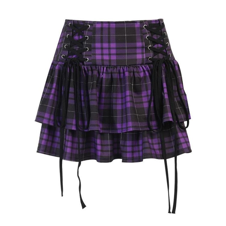 Gothic Plaid Lace Up Mini Slim Skirt - Modakawa Modakawa