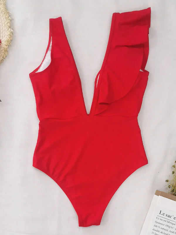 Floral Printed Falbala V-Neck One-Piece Swimsuit
