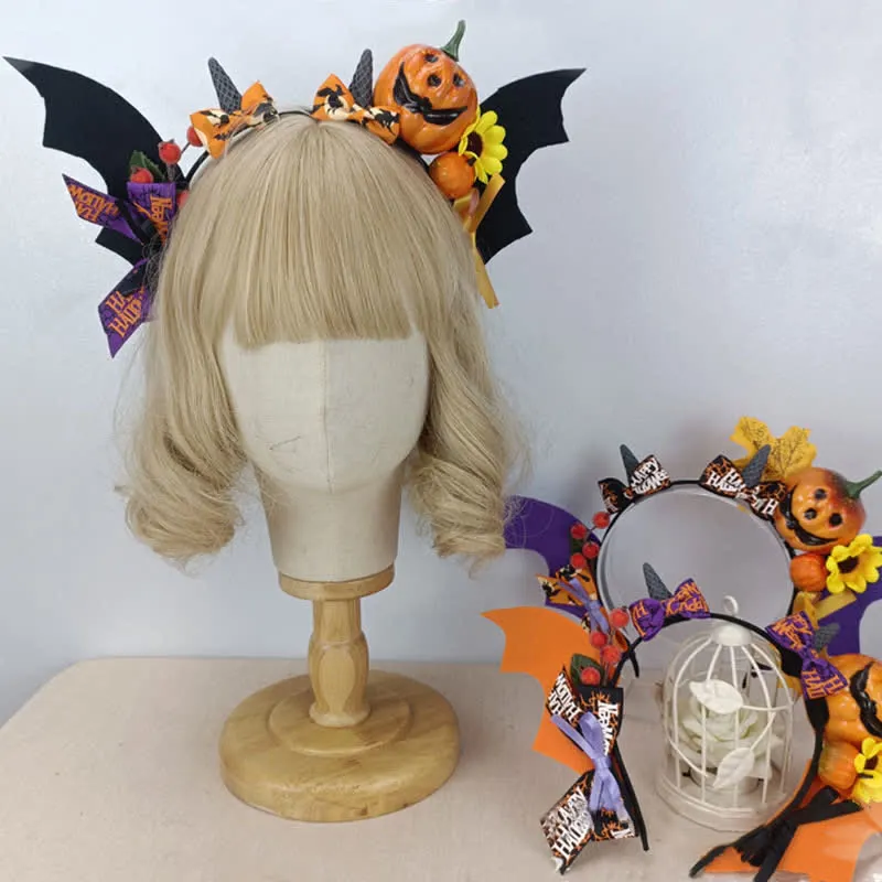 Gothic Pumpkin Bat Wings Headband Halloween Hair Accessory