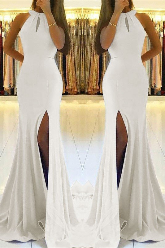 Bellasprom White Mermaid Prom Dress Long With Split Sleeveless Bellasprom