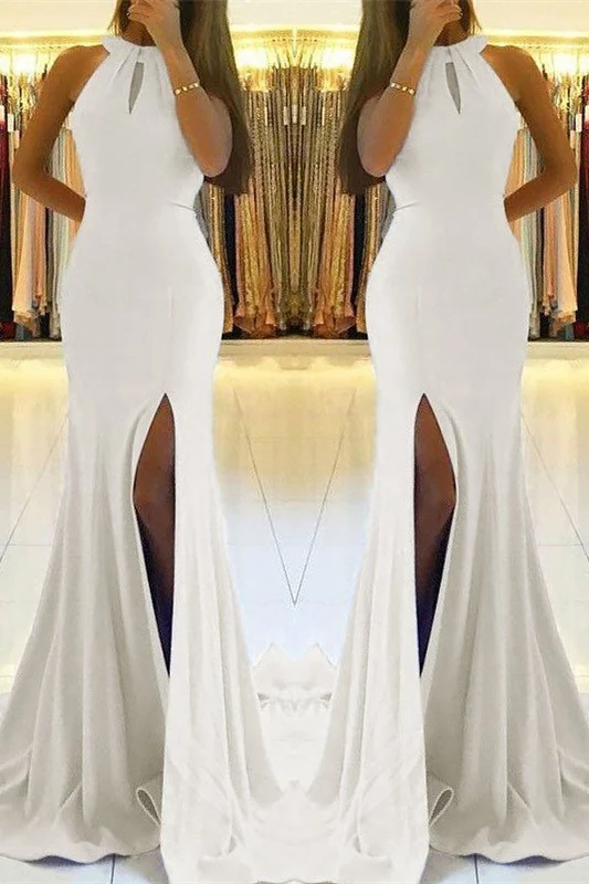 Bellasprom White Mermaid Prom Dress Long With Split Sleeveless Bellasprom