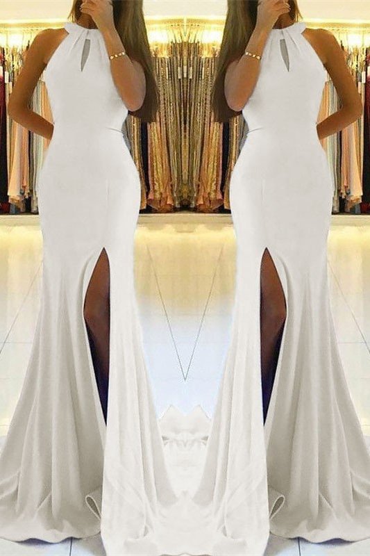 Modern White Sleeveless Mermaid Evening Dress Long With Split - lulusllly