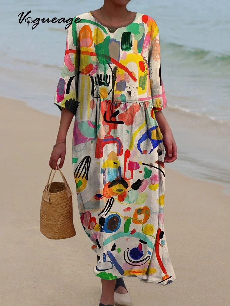 Colored Lines And Blocks Printed Women's Casual Cotton And Linen Dress