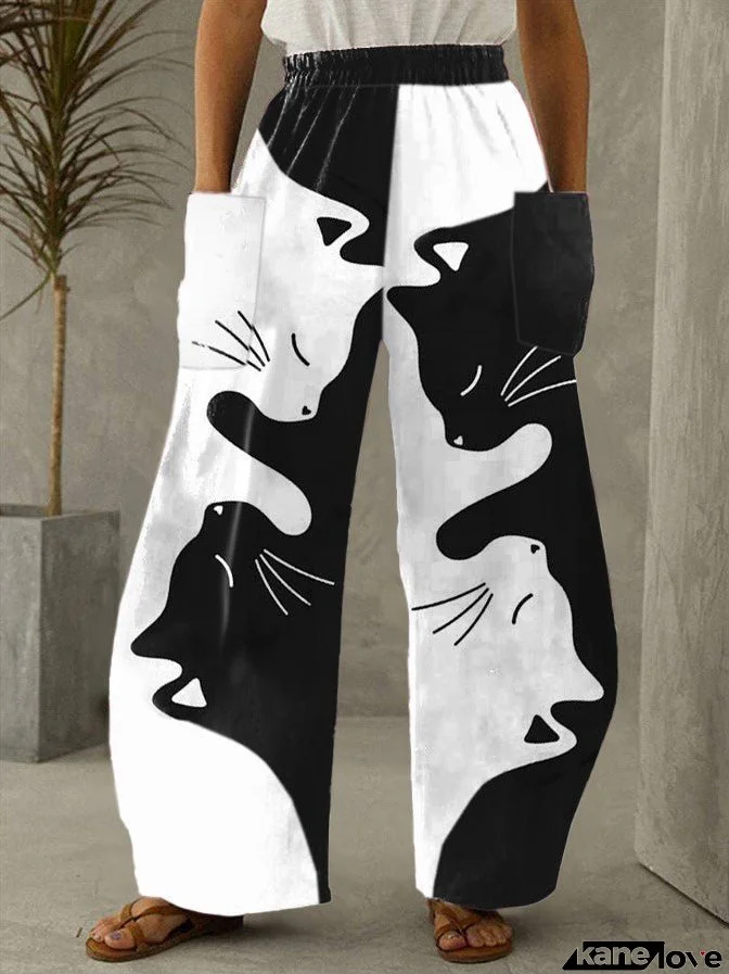Women's Pants Cat Print Pocket Wide Leg Pants