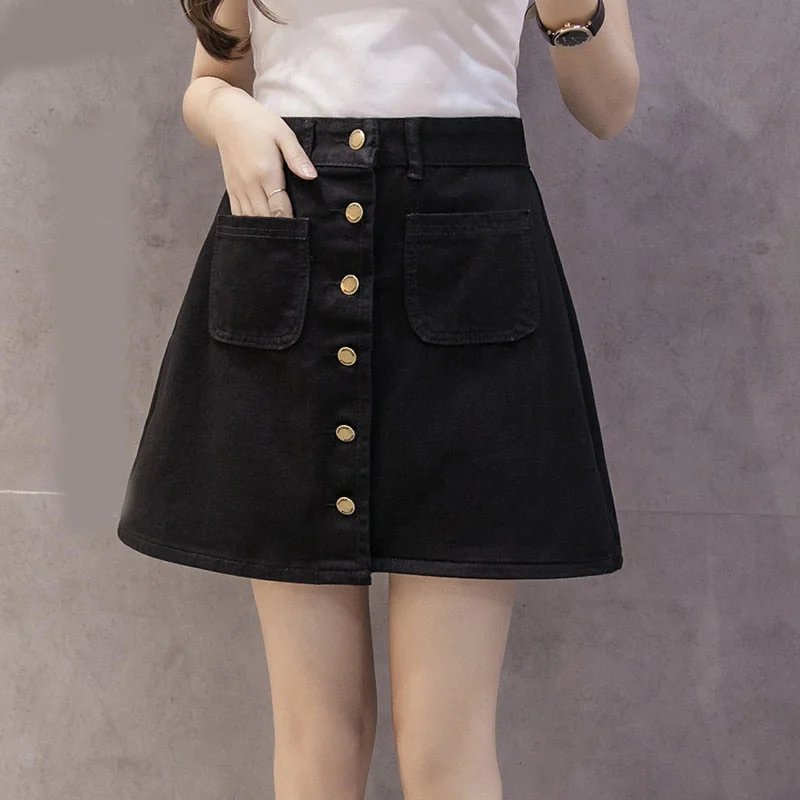 Zoki Vintage Women Denim Mini Skirt Summer High Waist A-line Korean Single Button Female Jeans Harajuku Cotton Street Wear 2020