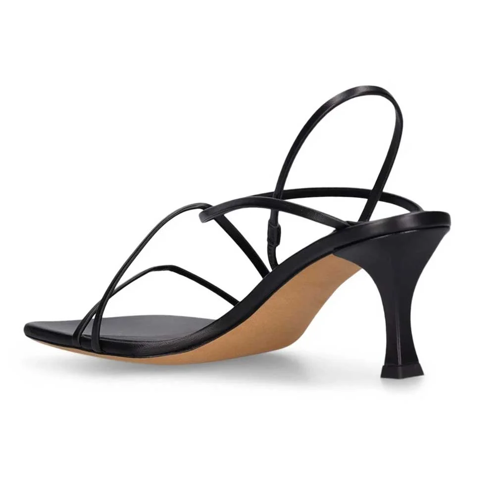 Simple Black Square Toe Crossed Strap Women Sandals with Spool Heel