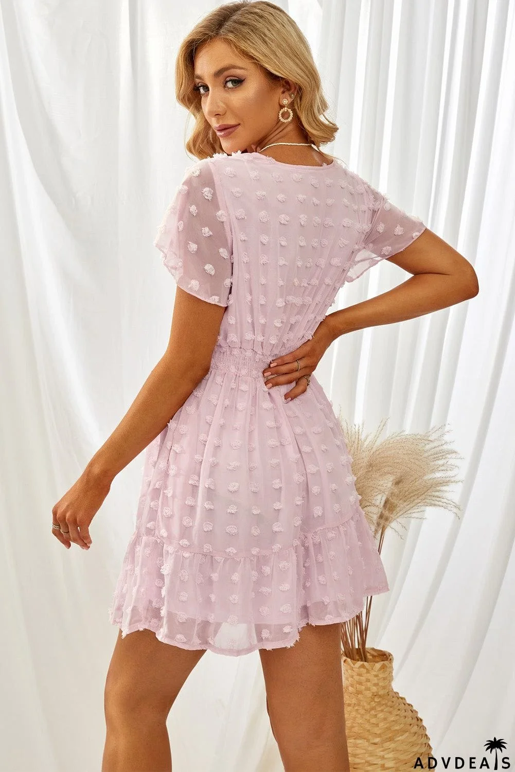 Cute Pink Polka Dot V Neck Ruffled Short Sleeves Mini Dress