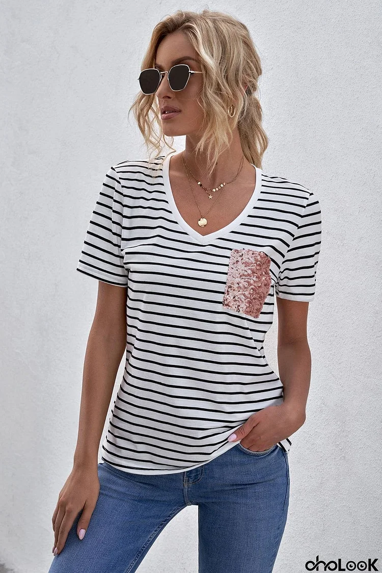 V Neck Striped T-shirt with Patch Pocket