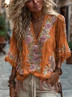 Women's Vintage Rose Embroidery Art Comfy Linen Shirts - Image 6