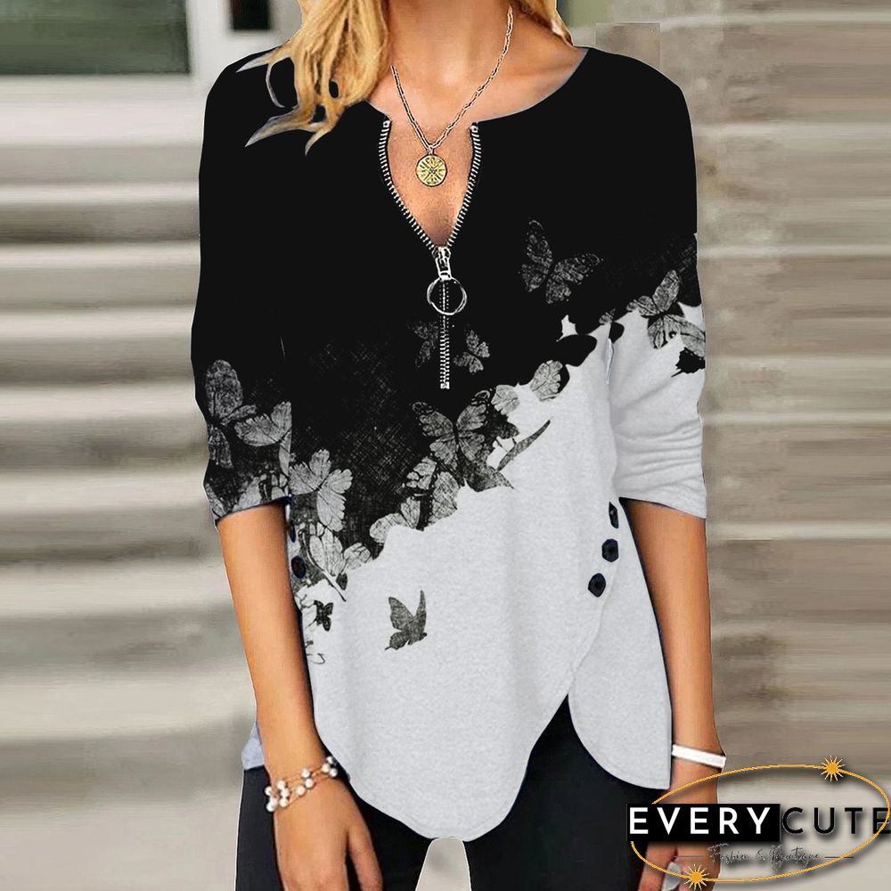 Printed Zipper Side Split Button Tops