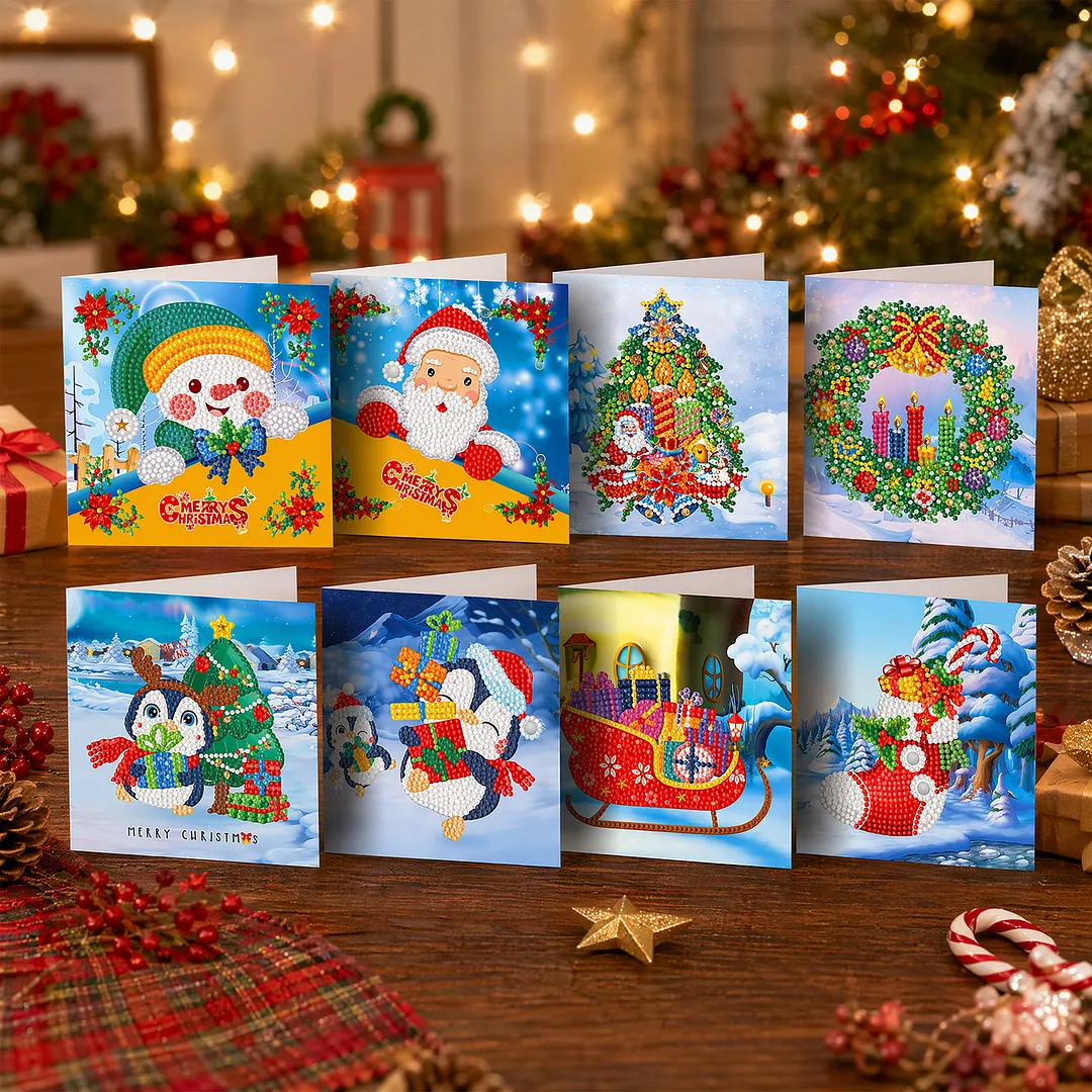 8PCS Winter Cartoon DIY Diamond Painting Greeting Card Kits with Envelopes Diamond Art Greeting Cards Diamond Art Cards Kits for Adults DIY Crafts Family Friend Gifts