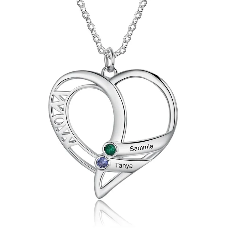 Mom Necklace Personalized with 2 Stones Engraved 2 Names Heart Charm Gifts for Her