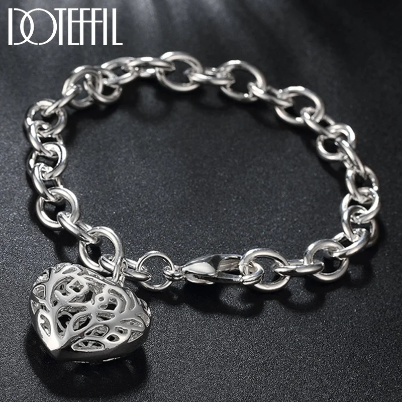 DOTEFFIL 925 Sterling Silver Hollow Heart Bracelet Chain For Women Jewelry