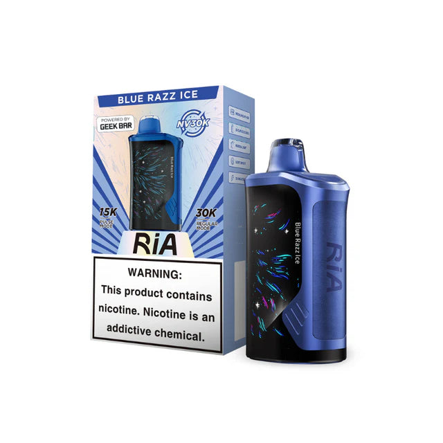 RIA NV30K Puff Disposable Device in Blue Razz Ice flavor, powered by Geek Bar, shown with its packaging.