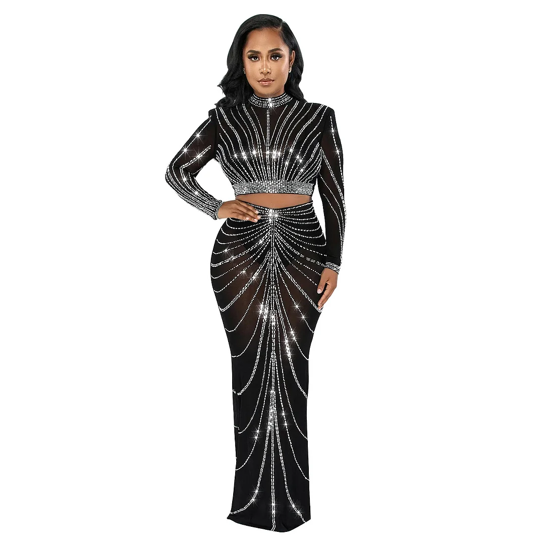 Churchf Churchf Fashion Women's Mesh Hot Drill Perspective Long-Sleeve Dress Two-Piece Set