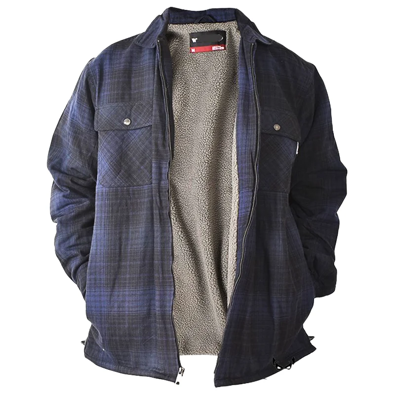 Men's Outdoor Retro Checkered Plus Velvet Warm Shirt Collar Jacket-barclient
