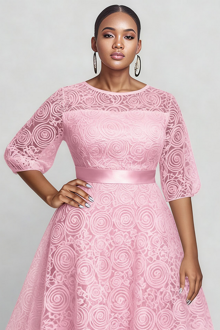 Xpluswear Design Plus Size Wedding Guest Pink Round Neck Puff Sleeve Half Sleeve 3D Elegant See Through Midi Dresses [Pre-Order]