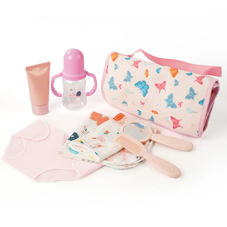 17"-22" Pink Butterfly Diaper Pad Bag 8 Pcs Reborn Baby Doll Accessories Set：Realistic Reborn Baby Dolls By Rsgdolls®
