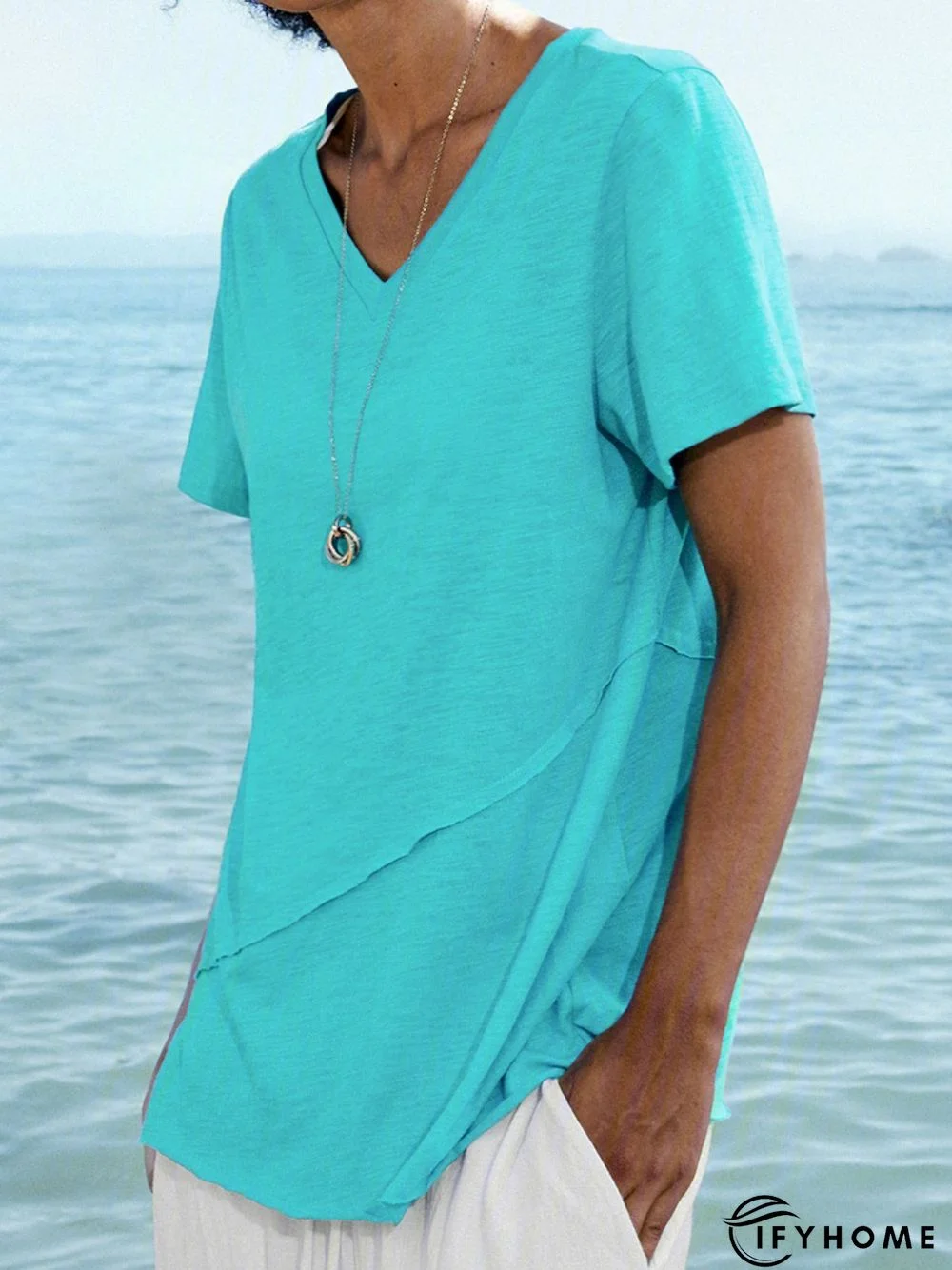 Blue Casual Cotton Solid V Neck T-shirt | IFYHOME