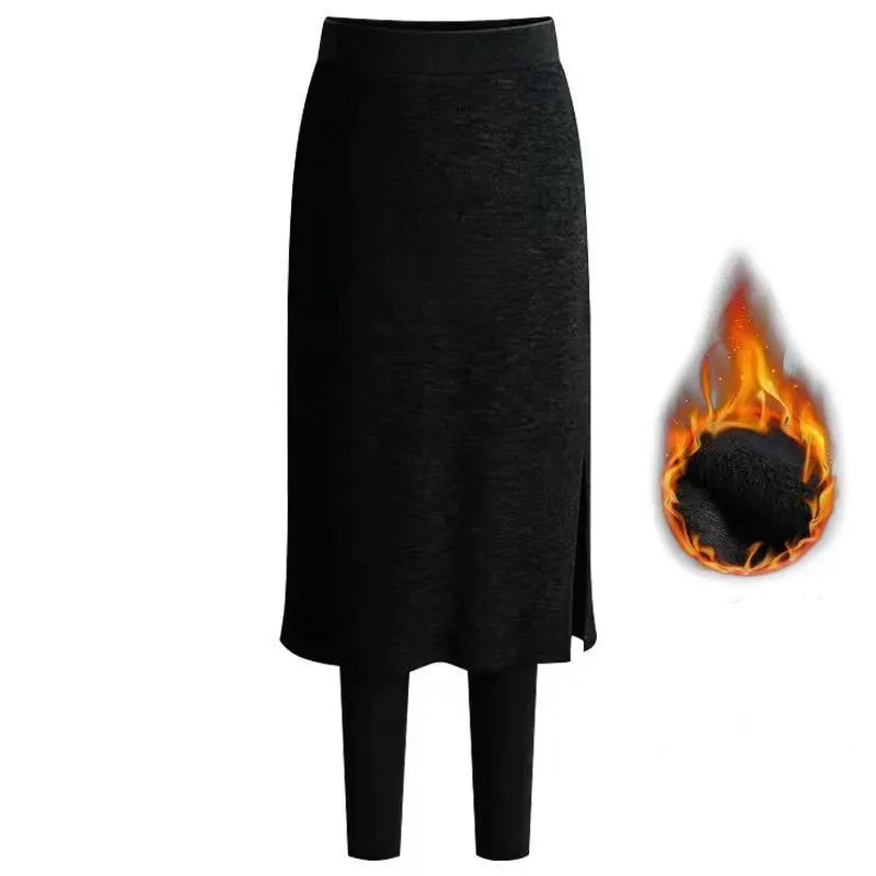CHRLEISURE Women Sexy Two Pieces Skirt Leggings Slim Fit Elastic Winter Warm Fleece Long Skirt Leggings Solid Color