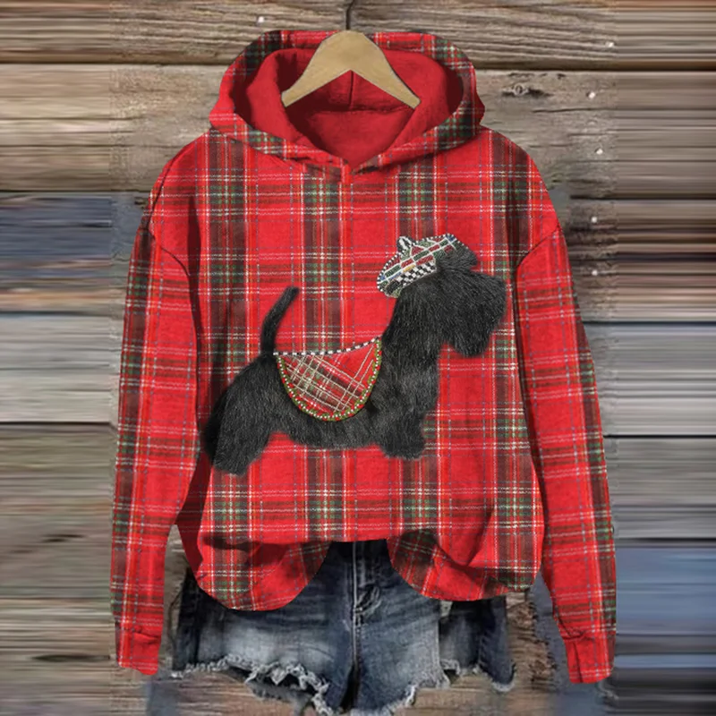 Vintage Scottie Dog Embroidery Art Print Casual Hoodie